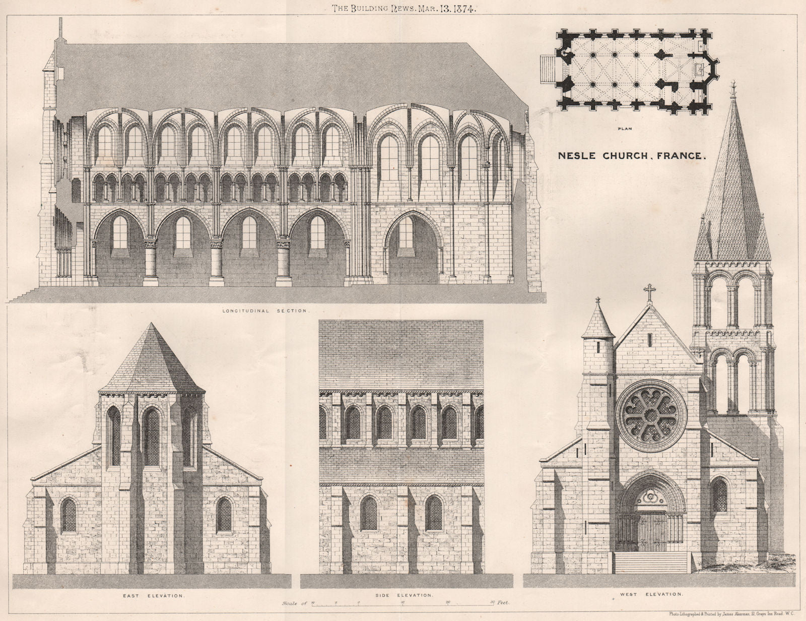 Nesle Church, France . Somme 1874 old antique vintage print picture